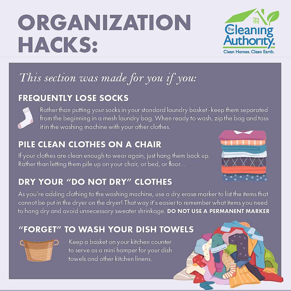 Infographic of laundry organization hacks for lost socks, dish towels, and more. 