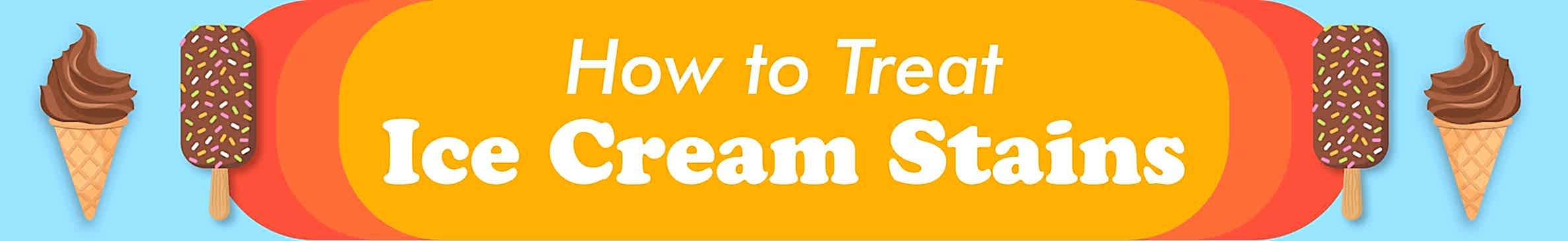 Illustrated headline "How to Treat Ice Cream Stains" on orange background with ice cream treats. 